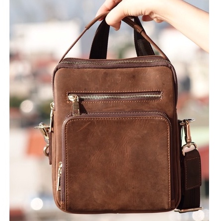 Túi chéo nam da thật, Túi đeo chéo thời trang nam da bò sáp 100% khâu tay Handmade