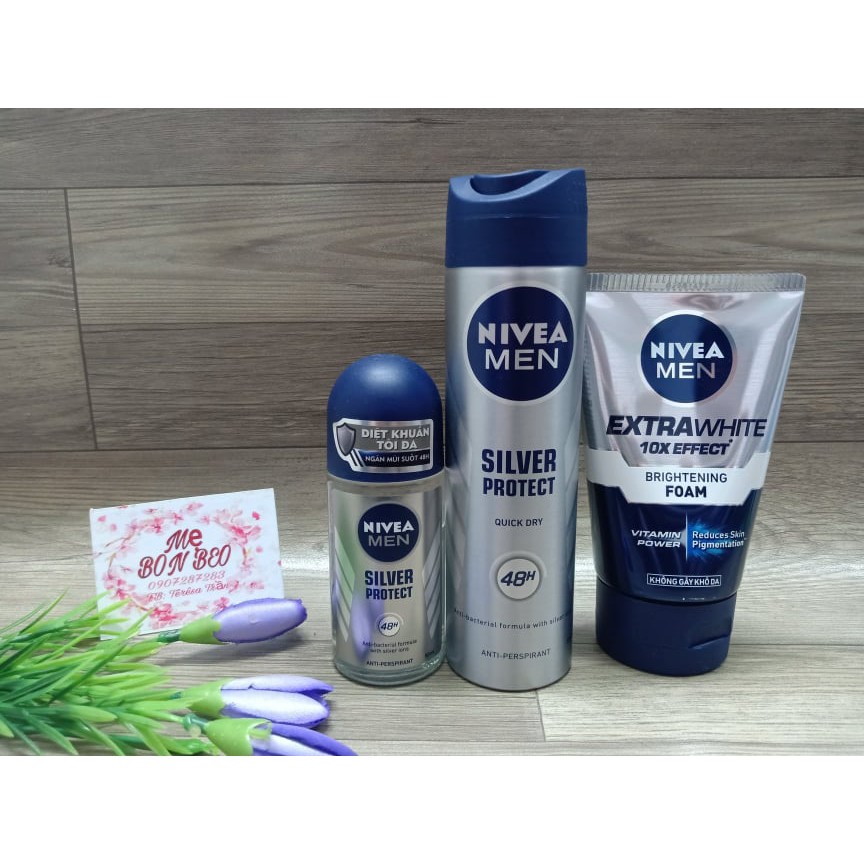 Bộ 3 NIVEA MEN Silver Protect ngăn mùi kháng khuẩn &amp; Sữa rửa mặt sáng mịn sạch sâu