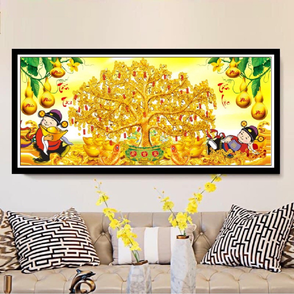Tranh đính đá Cây Tiền Tấn Tài Tấn Lộc VS487 Đá AB Cao Cấp, Kích thước 130x60cm