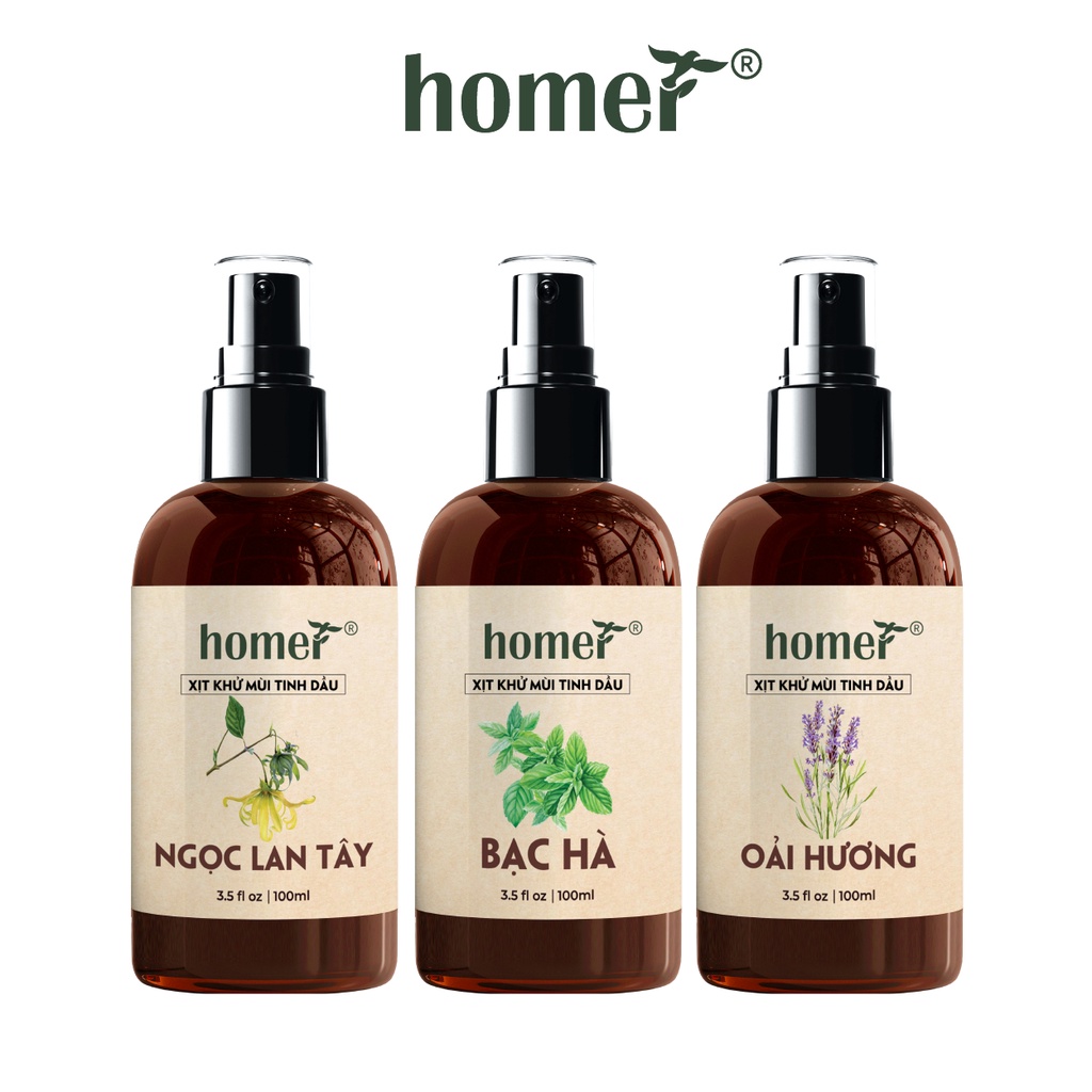 Combo 3 xịt thơm phòng Bạc Hà + Ngọc Lan Tây + Oải Hương Homer 100ml/ chai