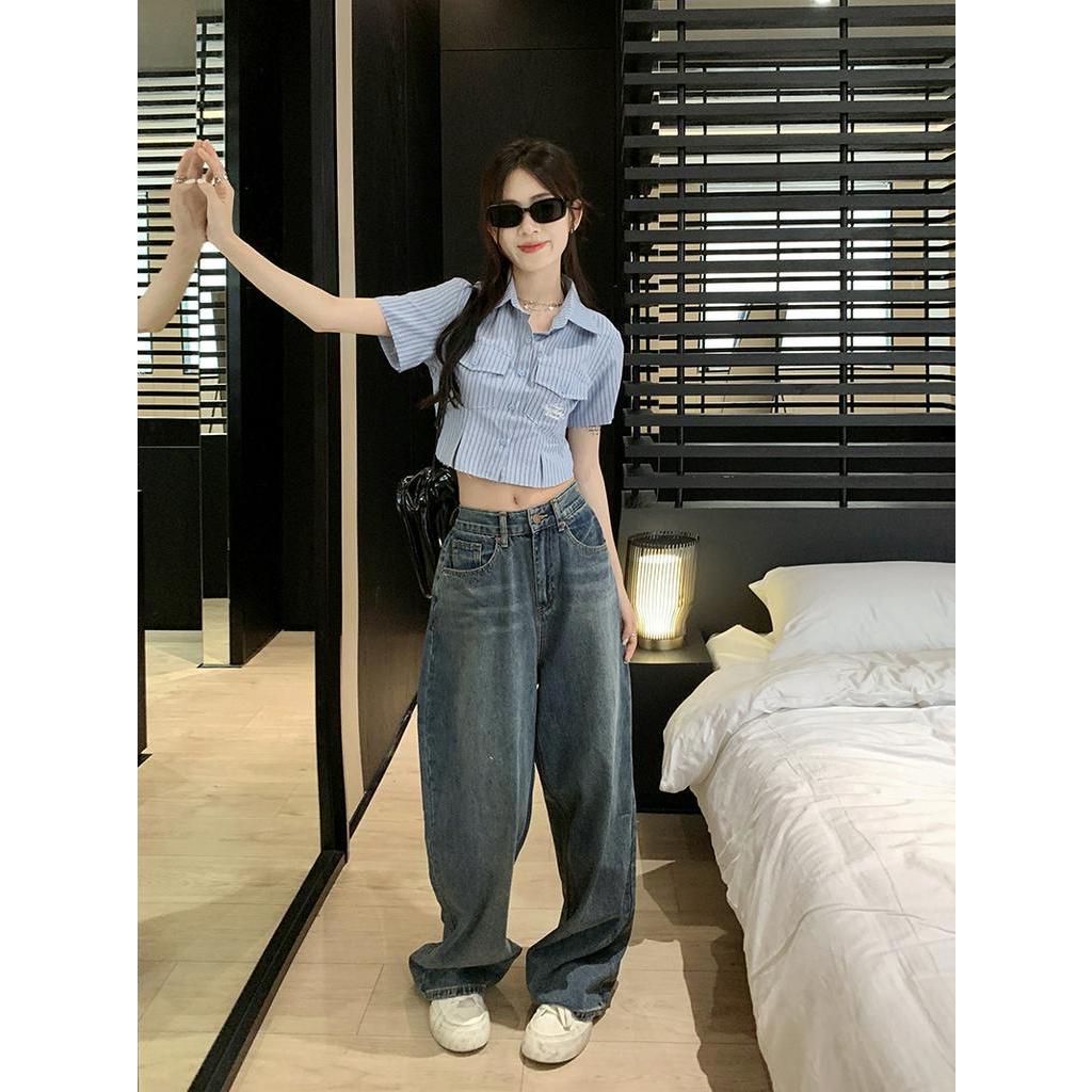 Áo Sơ Mi Kẻ Sọc Ngắn Tay Dáng Ôm Phong Cách Preppy 63497