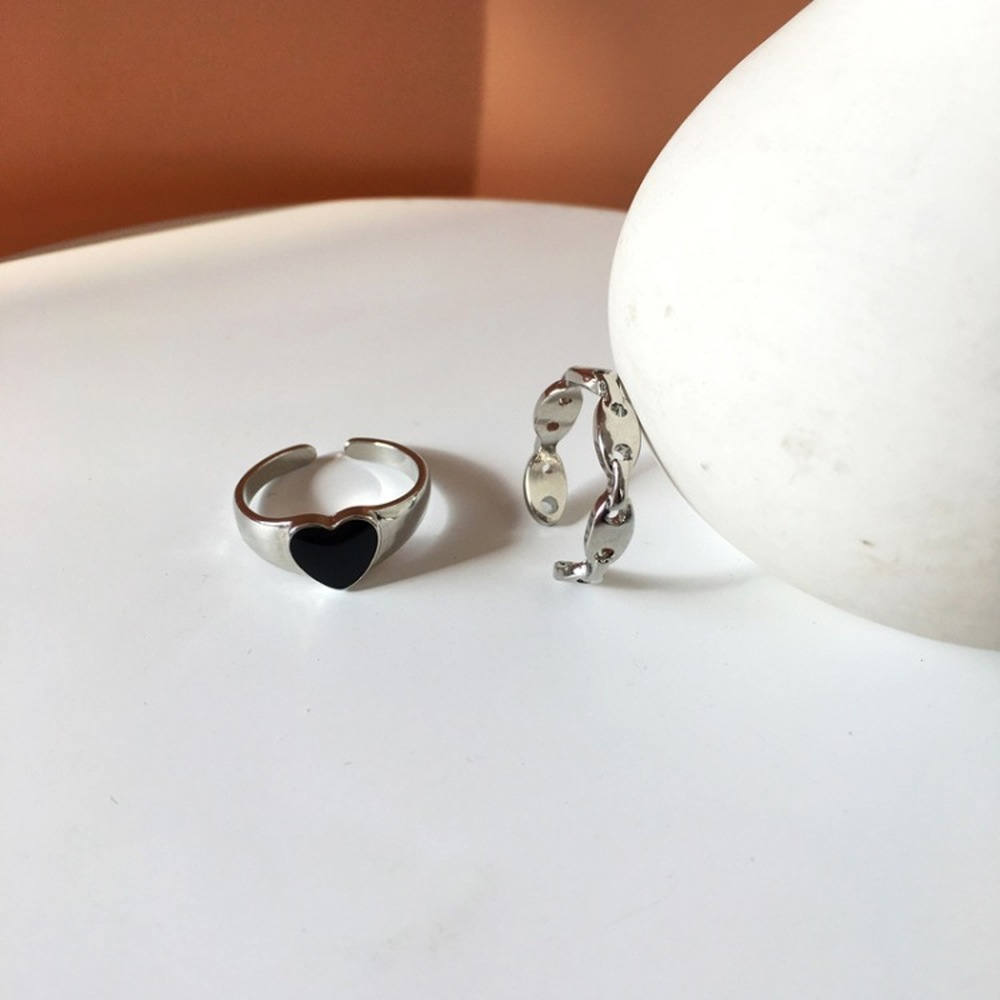 Bộ 2 Nhẫn Hở Hình Trái Tim Màu Đen Có Thể Điều Chỉnh Kích Cỡ