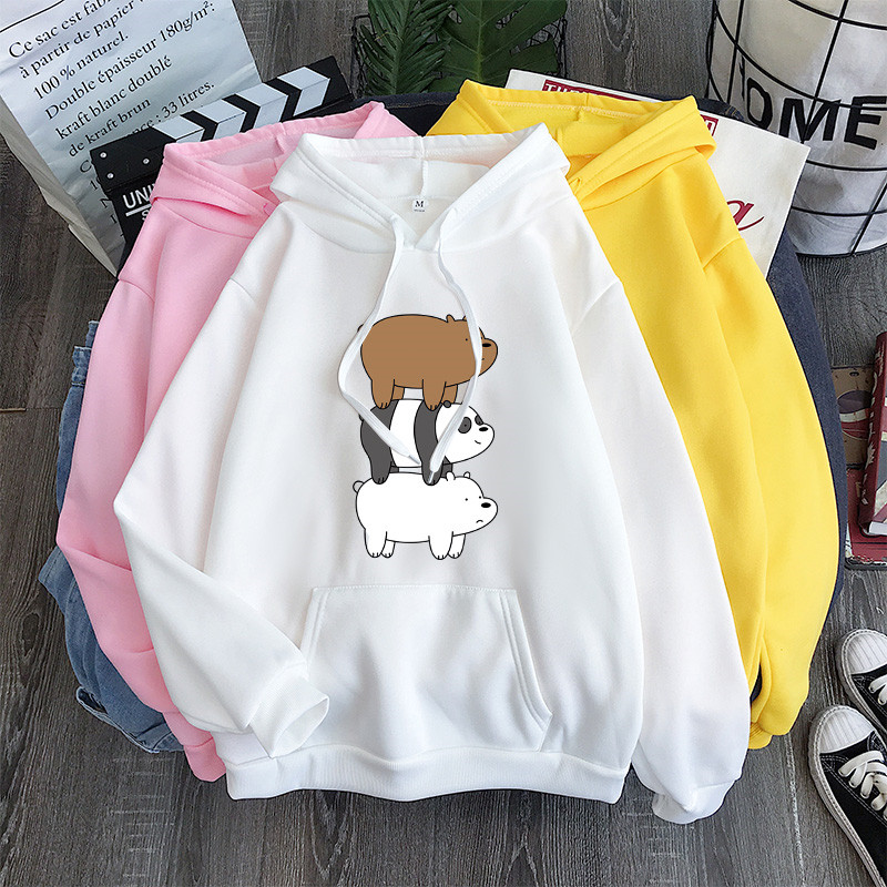 Áo Khoác Hoodie Cotton Dày Dáng Rộng In Họa Tiết We Bare Bears Thời Trang Cho Nữ