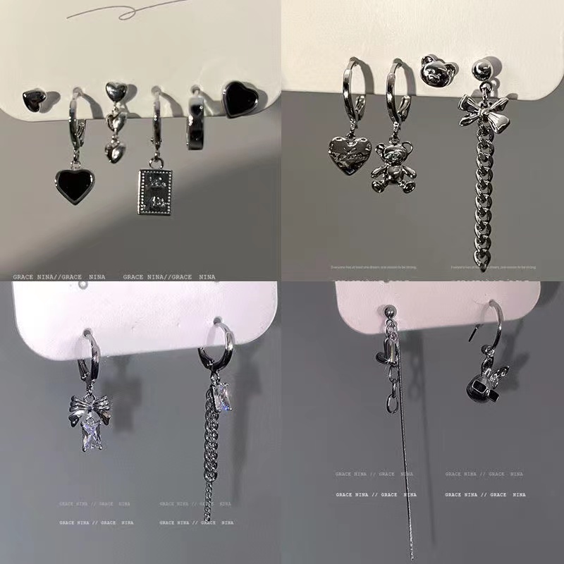 IF YOU Khuyên tai   bạc kiểu gấu đen phong cách Hàn Quốc cổ điển