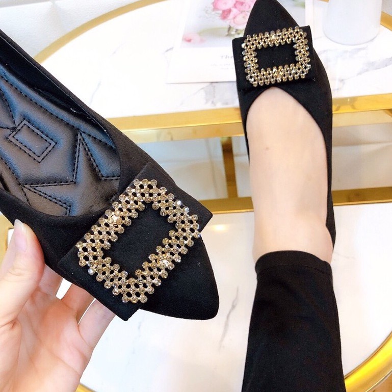 Giày búp bê nữ ACILICI thời trang chất nhung khóa đá , mũi nhọn kiểu dáng thanh lịch gót cao 2cm_TC058 | BigBuy360 - bigbuy360.vn