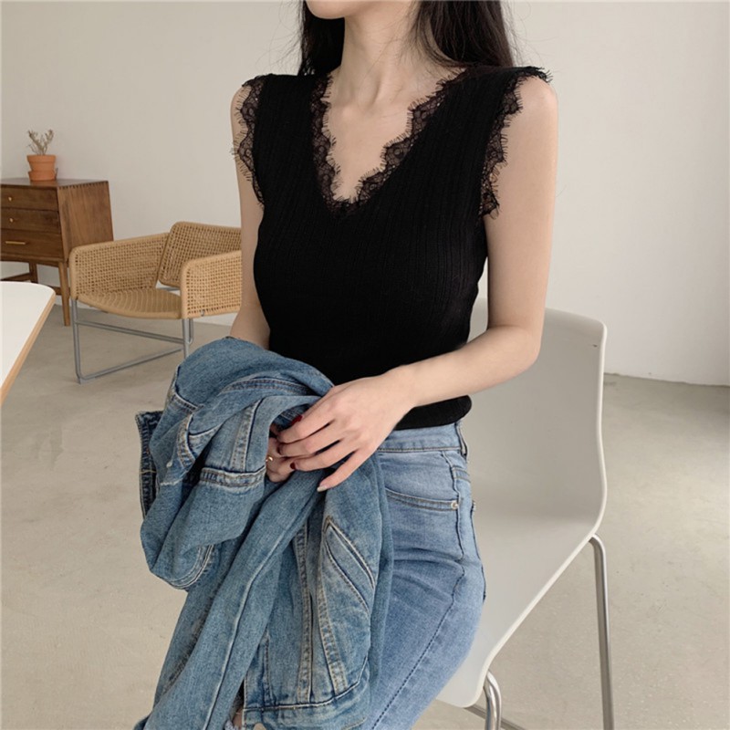 Women Lace Stitching Slim Knit Camisole