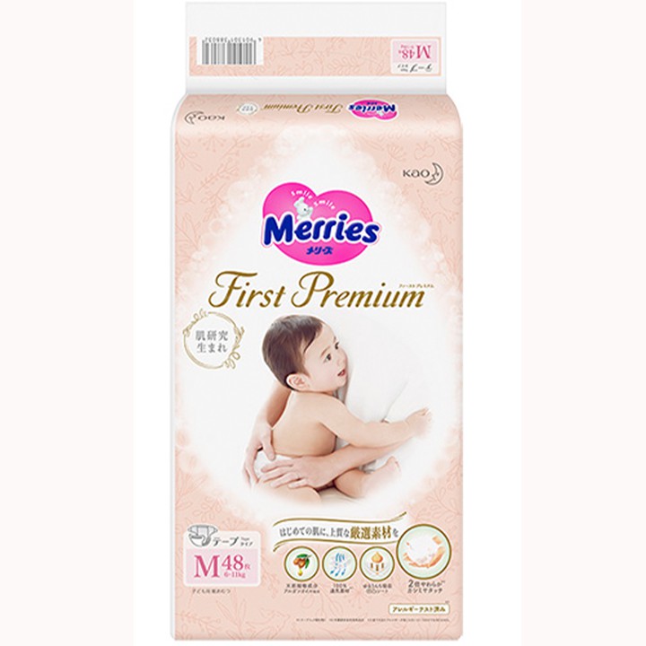 Bỉm dán Merries First Premium size Newborn NB66, S60, M48 - 1 bịch