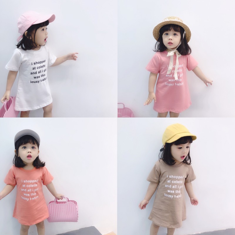 Đầm cotton ngắn tay in chữ dễ thương cho bé gái