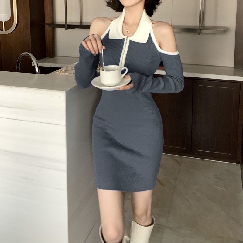 Đầm body trễ vai khóa kéo viền