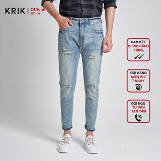 Quần Jean Nam Đẹp Chất Bò Local Brand KRIK Dáng Slimfit Màu Xanh Rách Xước QJ1003