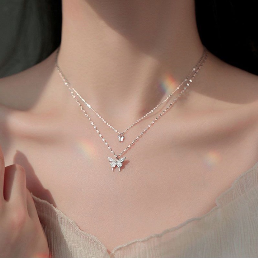 Vòng cổ dây chuyền nữ choker 2 lớp cánh bướm đính đá zircon phong cách hàn quốc cool ngầu cá tính tặng hộp