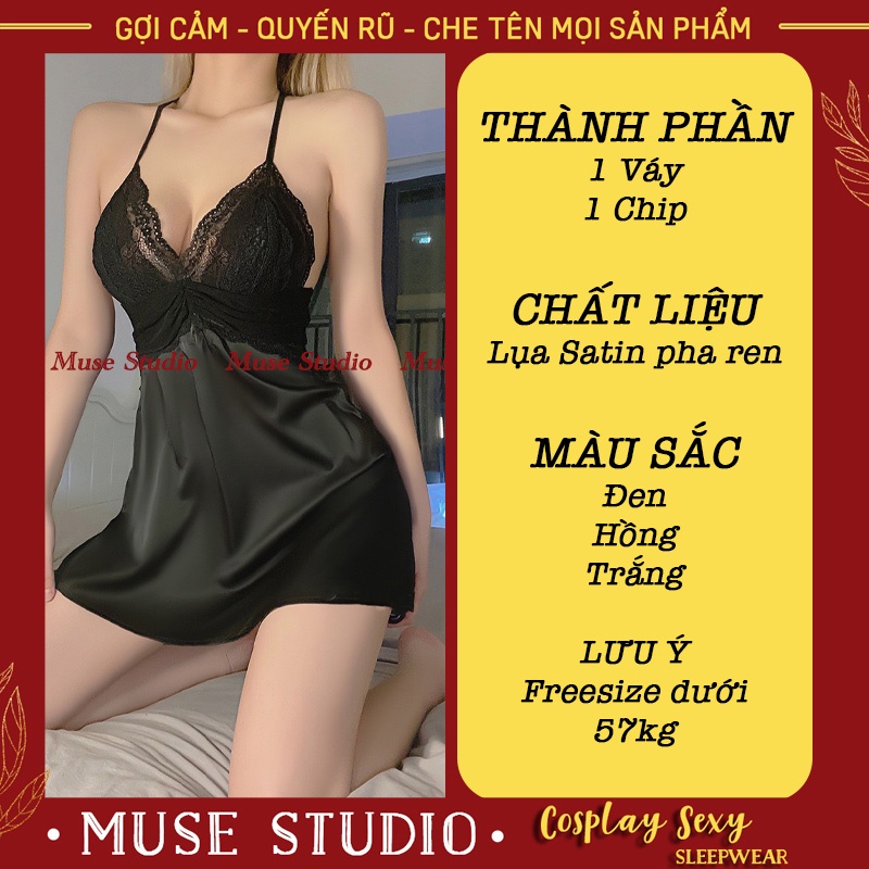 Váy ngủ sexy, đầm ngủ hai dây gợi cảm vải lụa satin phối ren ngực quyến rũ mềm mại siêu tôn dáng - Muse Studio MS002