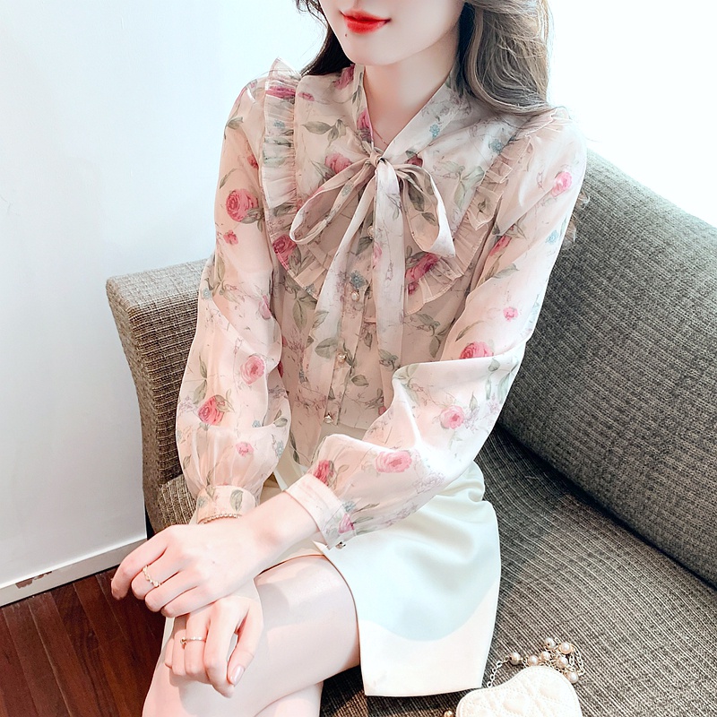 Áo Sơ Mi Chiffon Tay Dài In Hoa Cột Dây Nơ Thời Trang Mùa Thu Cho Nữ