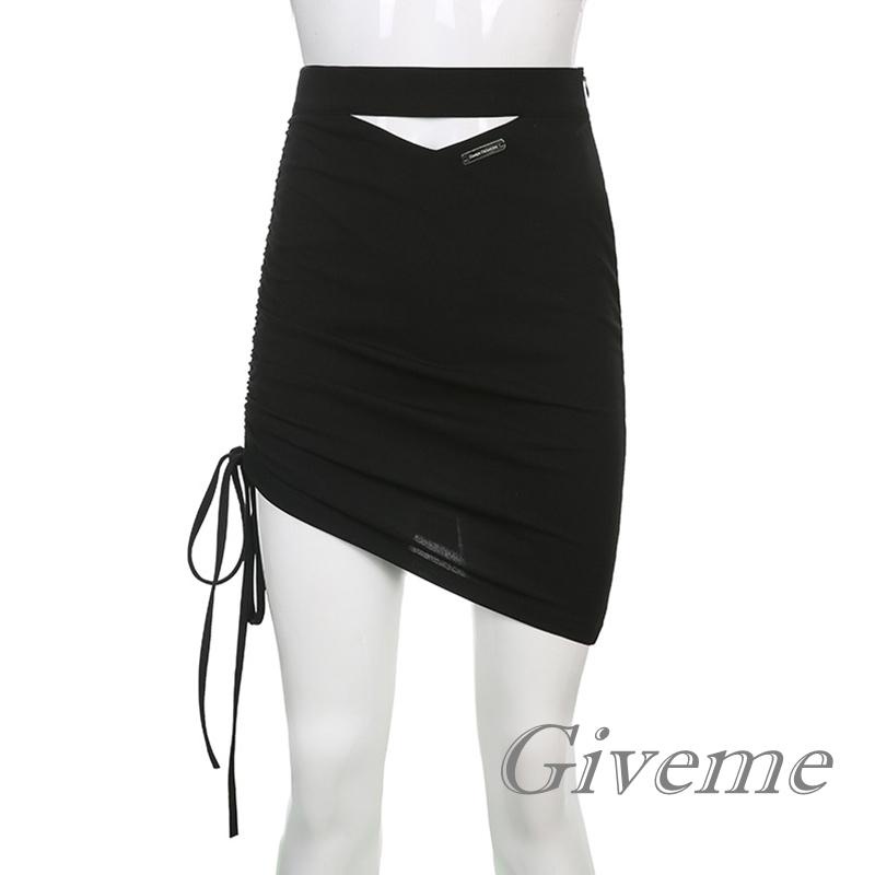 Chân Váy Ngắn Lưng Cao Màu Trơn Phối Dây Rút Thời Trang Cho Nữ