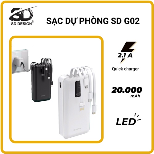 CHÍNH HÃNG-FULL BOX-NGUYÊN SEAL Sạc Dự Phòng SD DESIGN G02 20.000 Mah Với Đầy Đủ Chân Sạc Cho các dòng điện thoại...