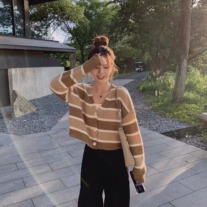 Áo cardigan Dệt Kim Kẻ Sọc Tay Dài Phong Cách Hàn Quốc Thời Trang Mùa Hè Cho Nữ