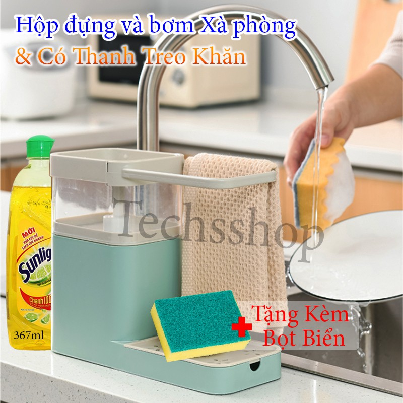 Hộp Đựng Và Bơm Nước Rửa Chén Có Thanh Treo Khăn Và Khe Hứng Nước Trong Nhà Bếp Đa Năng 4in1 - Tặng Miếng Bọt Biển