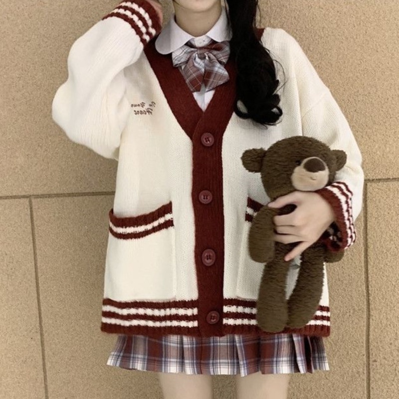 Áo Khoác Dệt Kim Tay Dài Màu Sắc Tương Phản Phong Cách Hàn Quốc Cho Nữ