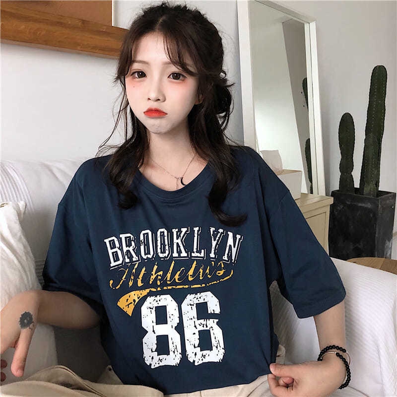 Women Summer Round Collar Big Code Korean Version Printed Loose Short Sleeve T-shirt Simple