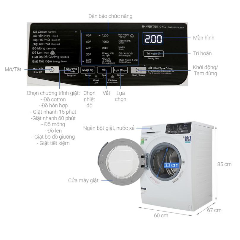 Máy giặt electrolux 9kg EWF9025BQWA Hàng chính hãng, bảo hành tại nhà 2 năm