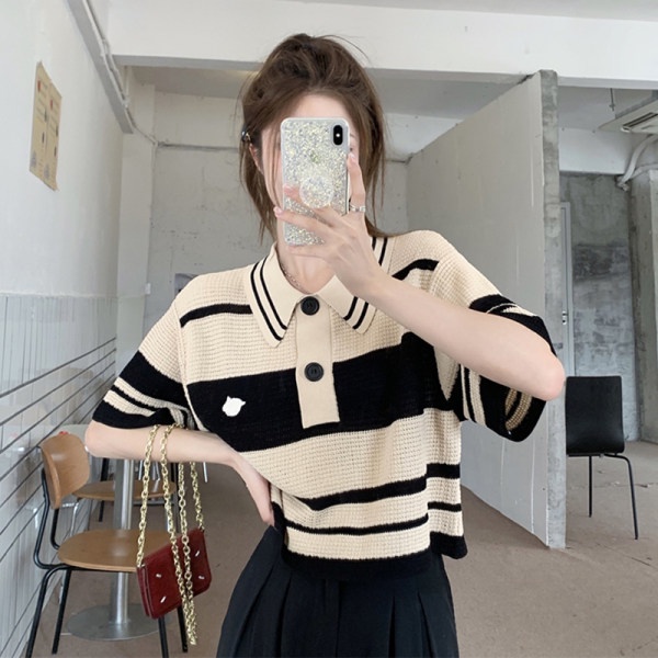 Áo Thun Dệt Kim Ngắn Dáng Rộng Họa Tiết Kẻ Sọc Thời Trang Mùa Hè Phong Cách Hàn Quốc Cho Nữ