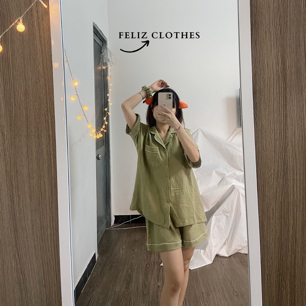 Pyjama xô muslin xanh matcha siêu dễ thương