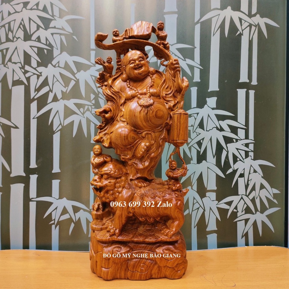 Tượng phật di lặc ngũ phúc đứng nghê gỗ hương cao 60 cm