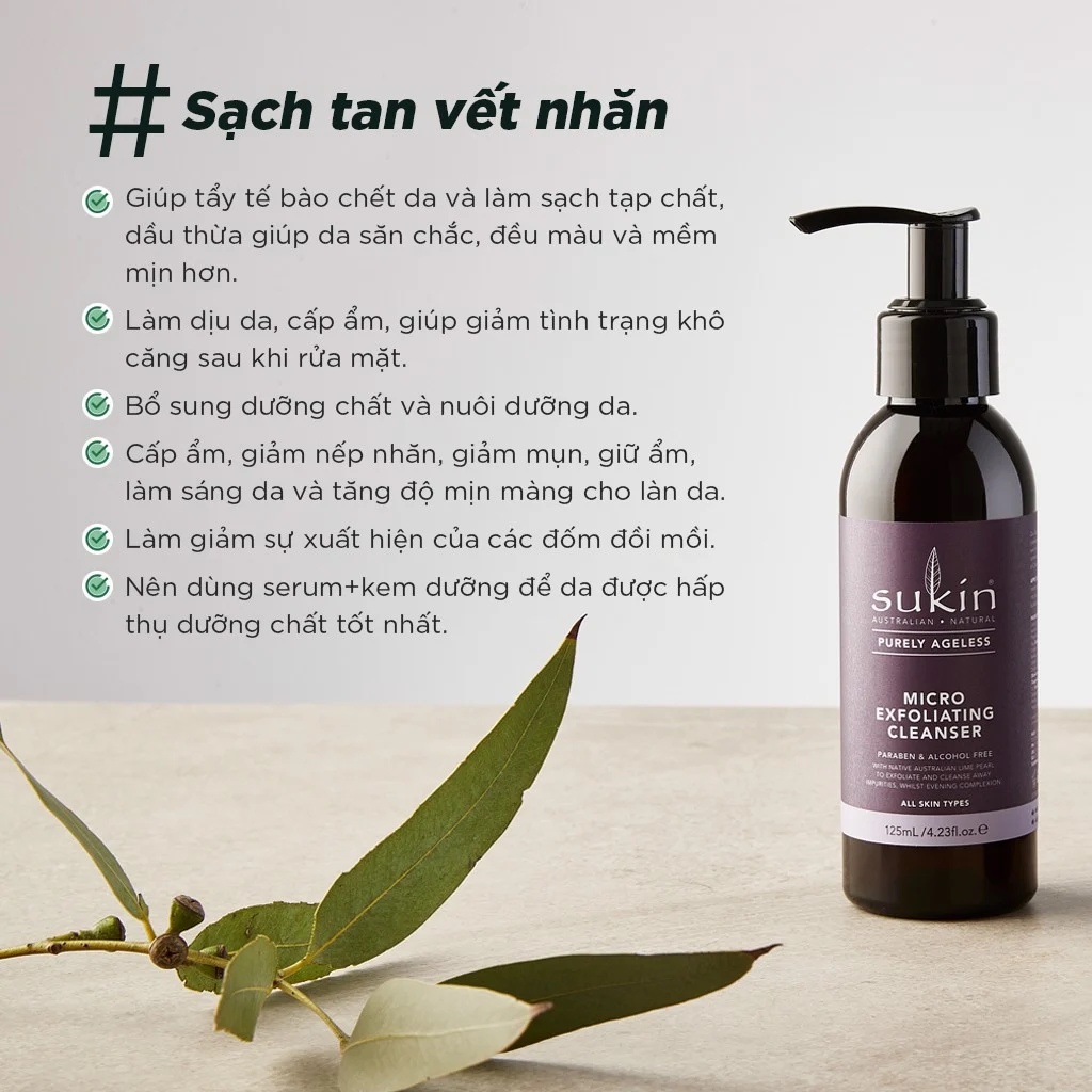 Sữa Rửa Mặt Làm Sạch Tế Bào Chết Săn Chắc Da Sukin Purely Ageless Micro Exfoliating Cleanser 125ml