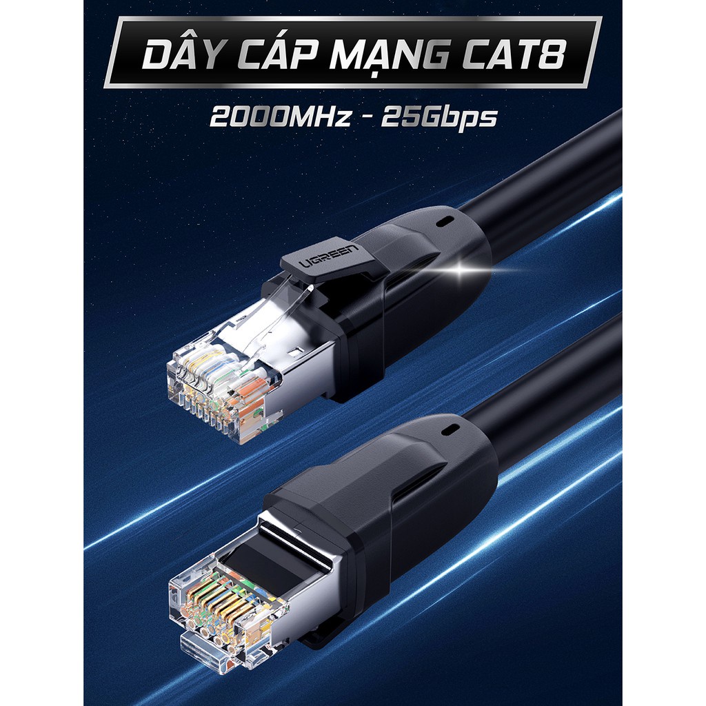 Dây cáp mạng chuẩn mới Cat 8 tốc độ truyền dữ liệu 2000MHZ và 25Gbps dài từ 1-10m UGREEN NW121