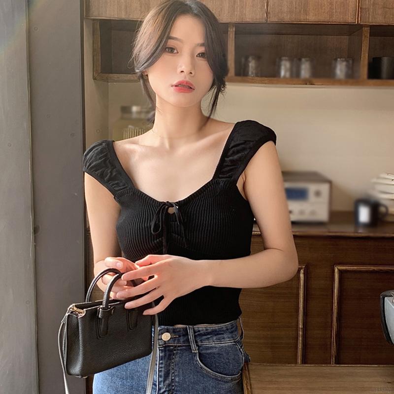 Áo Dệt Kim Tay Ngắn Trễ Vai Thời Trang Hàn Quốc Dành Cho Nữ