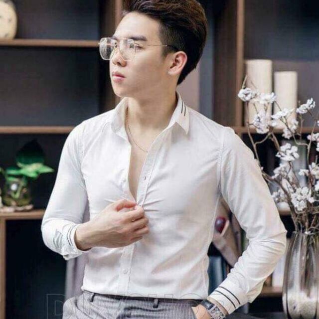 Áo sơ mi nam trắng trơn viền cổ, viền tay thêu hình nhện cá tính