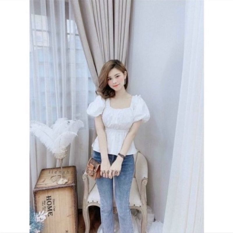Áo Sơ Mi Bèo, Vai Chun, Tay Bồng, Chất Vải Đũi Mềm Mại Dễ Phối Đồ
