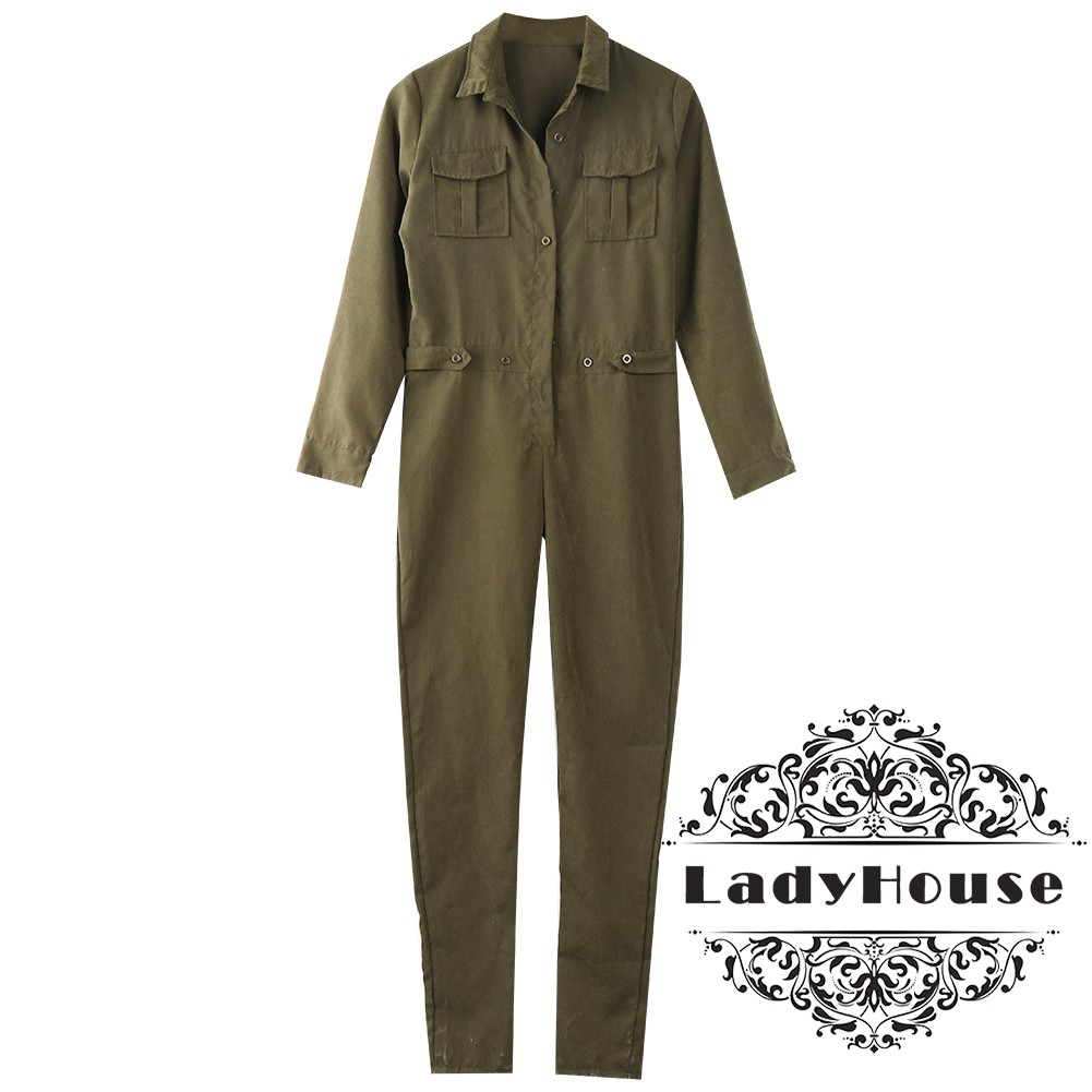 Jumpsuit Nữ Cổ Chữ V Màu Xanh Quân Đội Quyến Rũ Thời Trang 2018