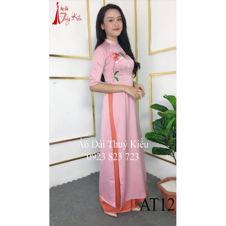 Áo dài Thúy Kiều lụa Tây Thi cổ tàu nền hồng thêu hoa cúc  AT12