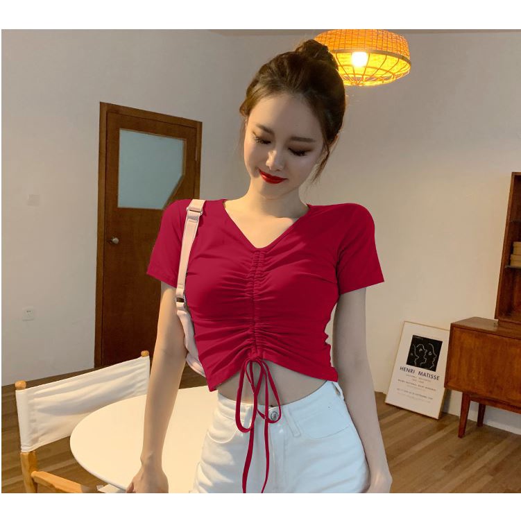 Áo croptop rút dây tay ngắn 💖YC Fashion💖 Áo thun croptop cổ tim chất thun co giãn cá tính ôm sexy màu đen trắng SP20