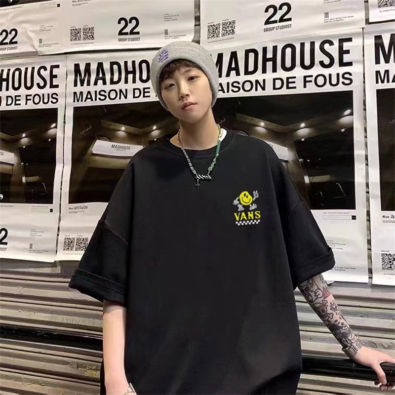 Vans Áo Thun Ngắn Tay In Hình Mặt Cười Thiết Kế Thoải Mái Thời Trang Mùa Hè Cho Cặp Đôi