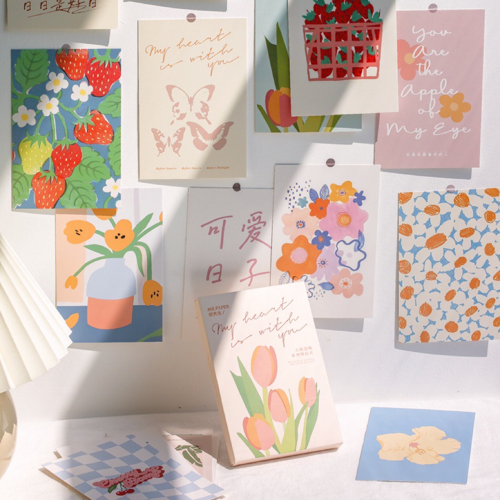 Ảnh trang trí dán tường hình decor vintage aesthetic retro set postcard bưu thiếp tranh giấy treo phòng học bàn học