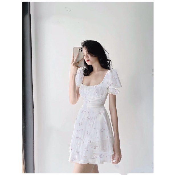 jum hoa xếp ly ngực,đầm trắng xoè siêu xinh,váy nữ cột eo nơ lưng cho bạn gái đi chơi đi tiệc nhẹ nhàng xinh xắn