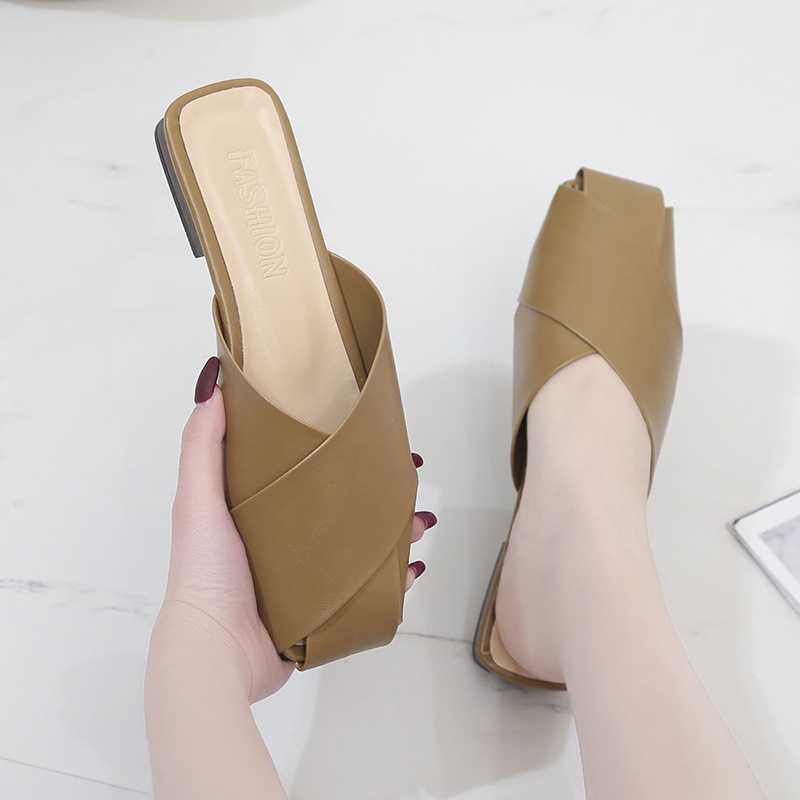 ☒❃☏2021 spring and summer new slippers female flat bottom Baotou retro all-match Korean semi-trailer Sandals for women to wear lazy shoes