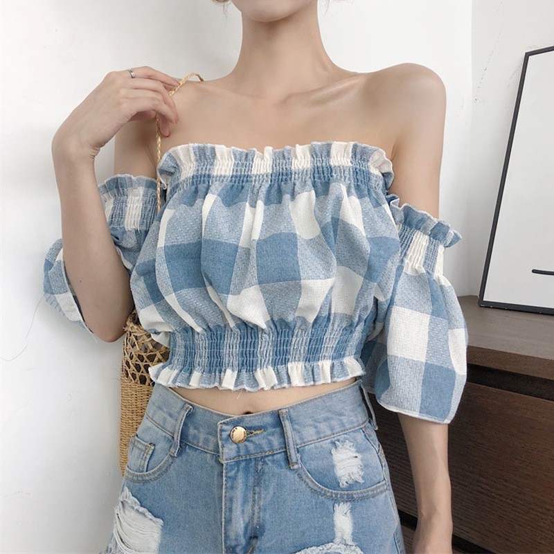 Áo Croptop Tay Ngắn Trễ Vai Sọc Caro Cho Nữ 1the9