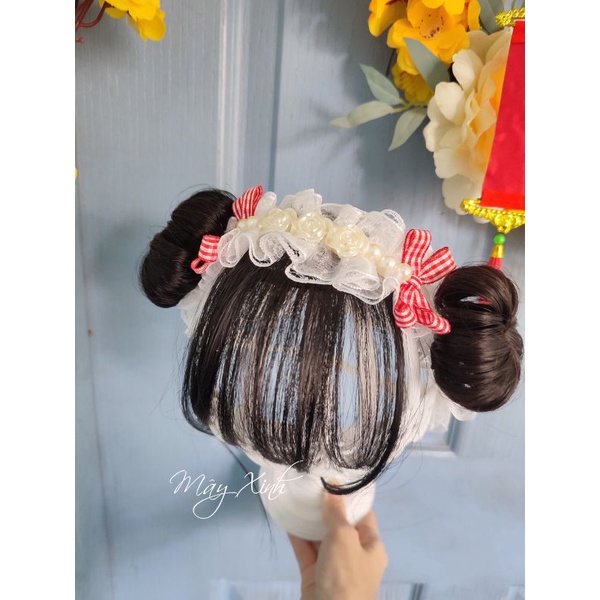 Băng đô ren tóc giả đính nơ caro đỏ xinh