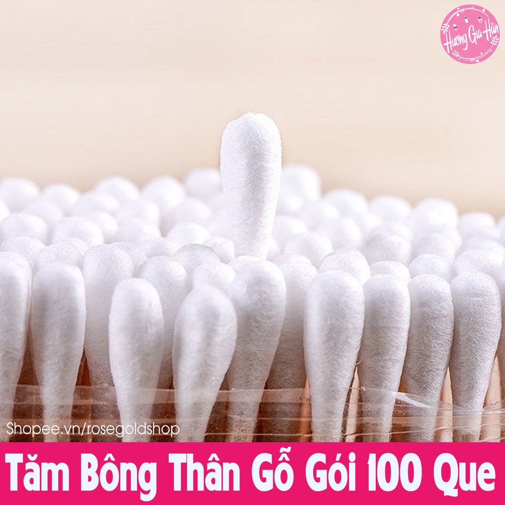 Tăm Bông Thân Gỗ Thân Thiện Với Môi Trường 2 Đầu Bông Gói 100 Que Siêu Tiết Kiệm