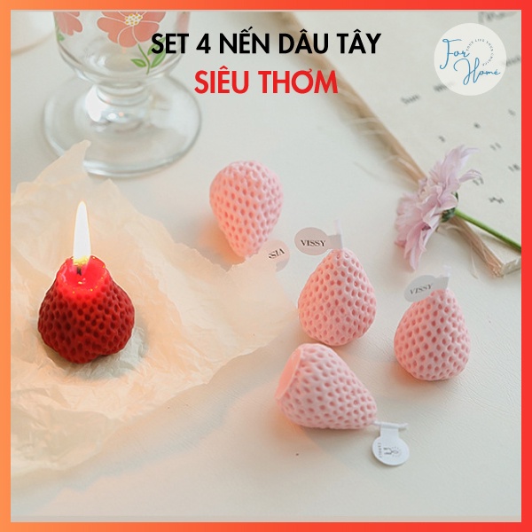 ⚡SET 4 NẾN⚡ Nến Thơm Thư Giãn Không Khói Hình Quả Dâu Tây Xinh Xắn, Ngọt Ngào