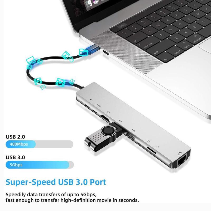 Bộ chuyển nguồn 8 in 1 Type-C HUB USB-C đến 4K HDMI /USB3.0 /RJ45 /PD có khe cắm thẻ nhớ SD/TF