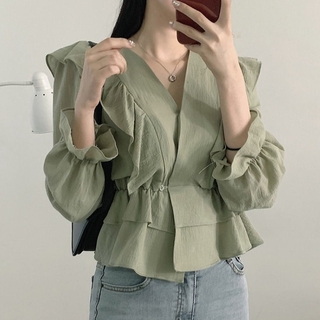 Xj-casual Áo Sơ Mi Ngắn Cổ Chữ V Ôm Eo Thời Trang Hàn Quốc Cho Nữ GN201229
