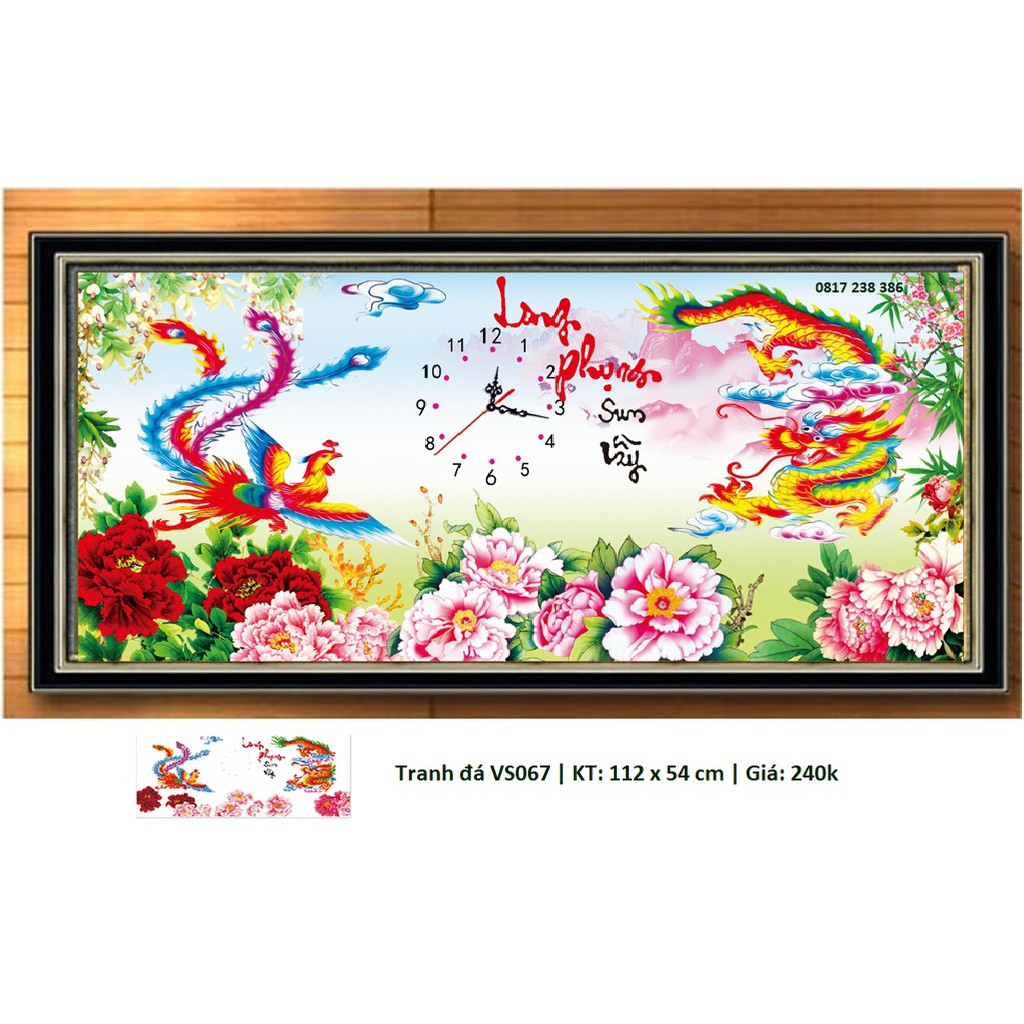 Tranh đính đá đồng hồ long phụng sum vầy VS067 (112 x 54 cm)