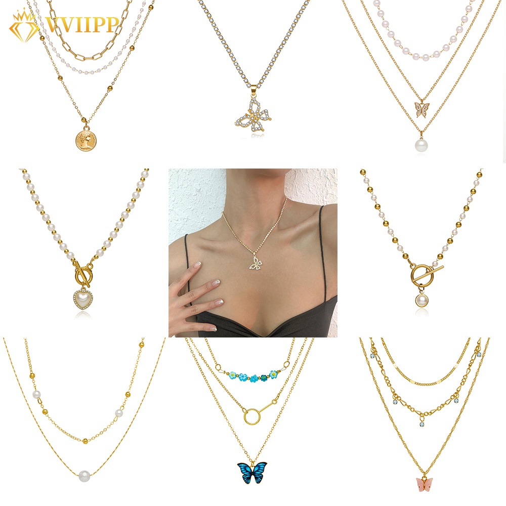 Vòng cổ Nhiều Tầng Đính Ngọc Trai Nhân Tạo Phong Cách Cổ Điển