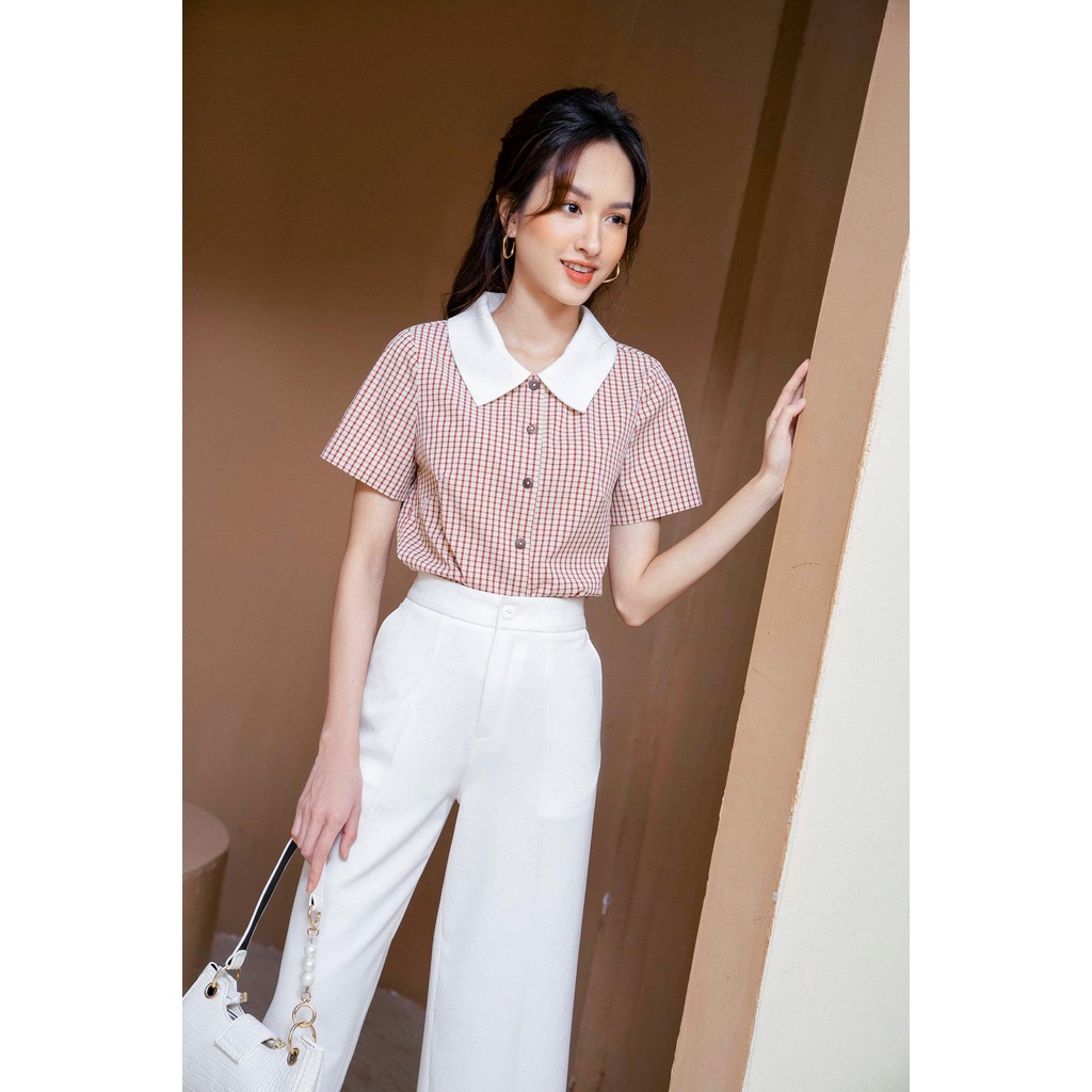 Áo sơ mi kẻ cộc tay phối cổ sen vuông trắng TIIN STORE AHN309 | BigBuy360 - bigbuy360.vn
