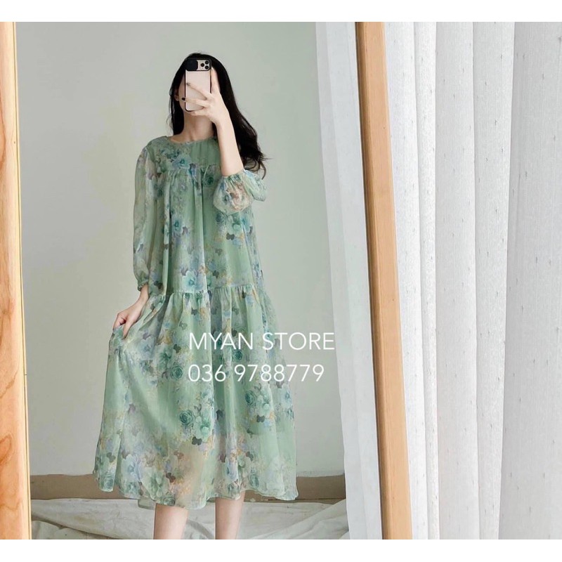 Váy hoa xanh tơ cổ tròn babydoll mix lót 2 dây