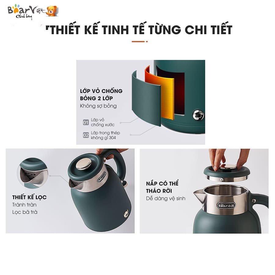 Ấm Siêu Tốc Bear 1,5 Lít - ZDH-C15C1, Công nghệ nhiệt Strix, Lõi ấm inox 304, Công suất 1500W - Bảo hành 12 tháng